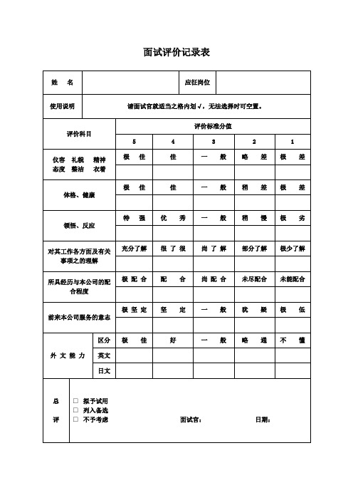 面试评价记录表