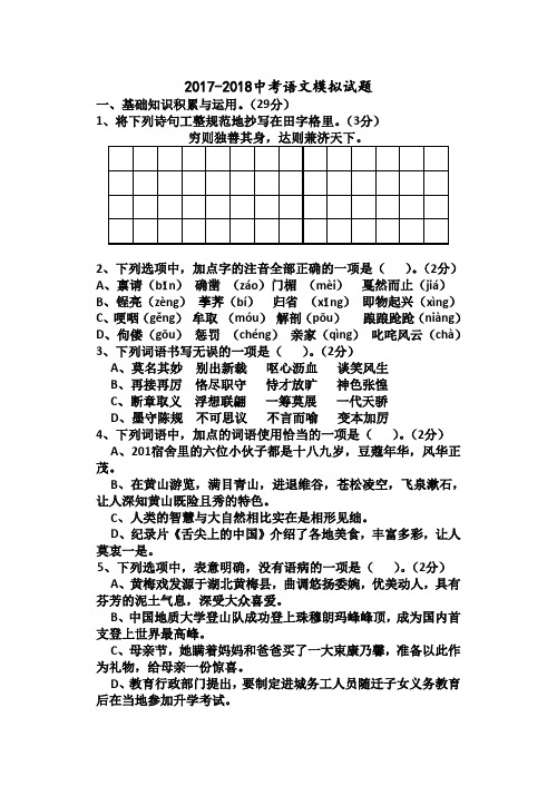 2017-2018中考语文模拟试卷(带答案) (7)