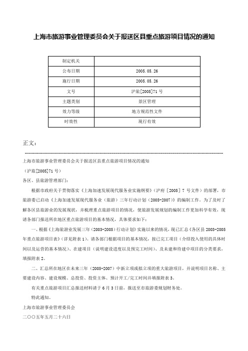 上海市旅游事业管理委员会关于报送区县重点旅游项目情况的通知-沪旅[2005]71号