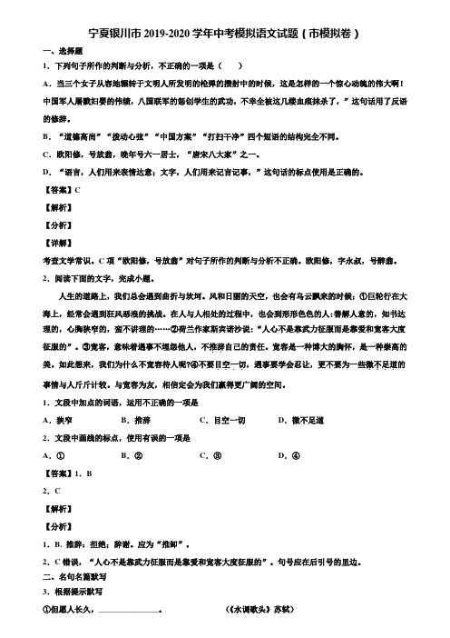 宁夏银川市2019-2020学年中考模拟语文试题(市模拟卷)含解析