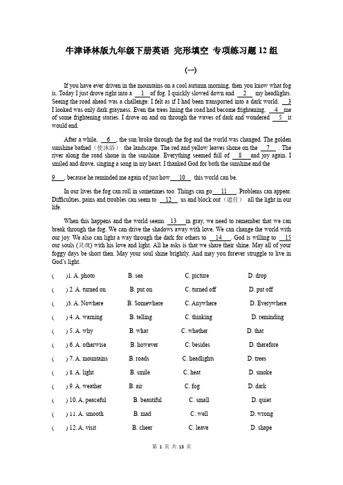 牛津译林版九年级下册英语 完形填空 专项练习题12组(含答案)