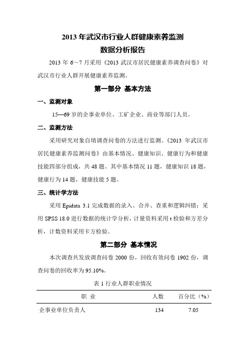 2013年行业人群健康素养监测数据分析报告