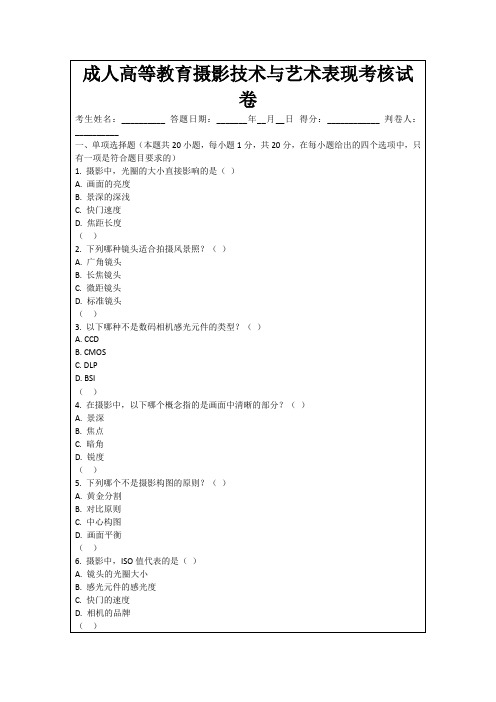 成人高等教育摄影技术与艺术表现考核试卷