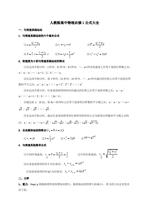 人教版高中物理必修一公式大全