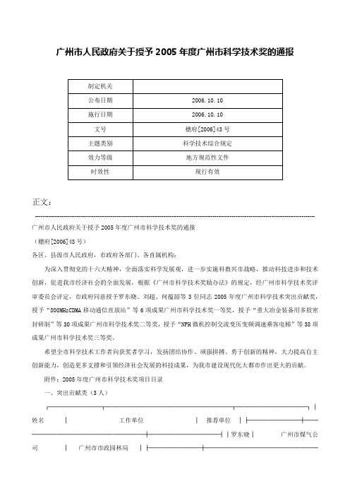 广州市人民政府关于授予2005年度广州市科学技术奖的通报-穗府[2006]43号