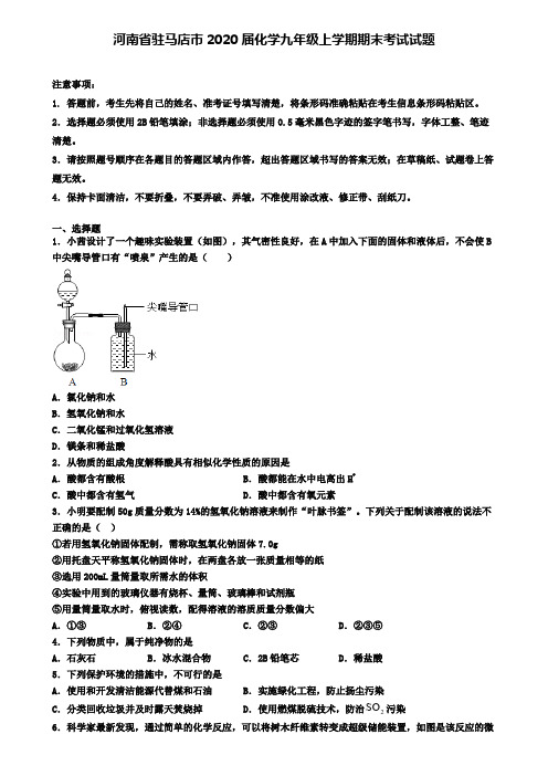 河南省驻马店市2020届化学九年级上学期期末考试试题