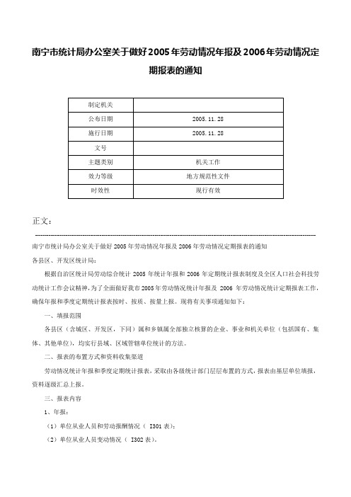 南宁市统计局办公室关于做好2005年劳动情况年报及2006年劳动情况定期报表的通知-