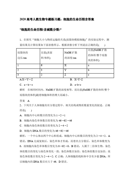 2020高考人教生物专题练习试题：细胞的生命历程含答案