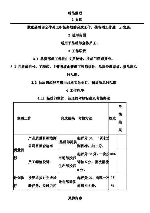 品质部绩效考核标准