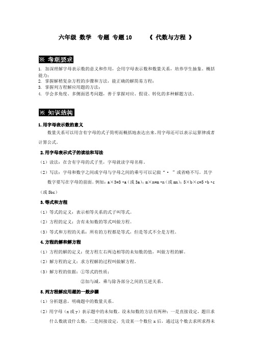 六年级下册数学例题讲解与练习  小升初专题10代数与方程 全国通用  无答案