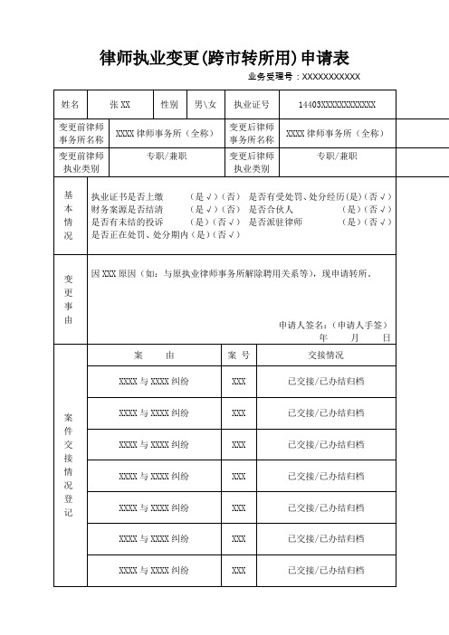 律师执业变更跨转所用申请表