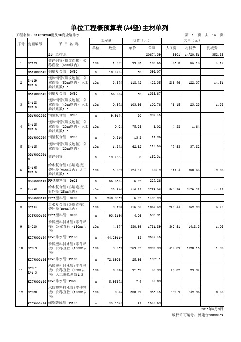 给排水单位工程概预算表(A4竖)主材单列