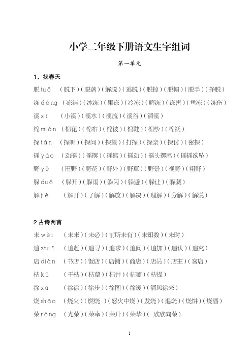 人教版小学二年级下册语文生字组词-近义词、反义词