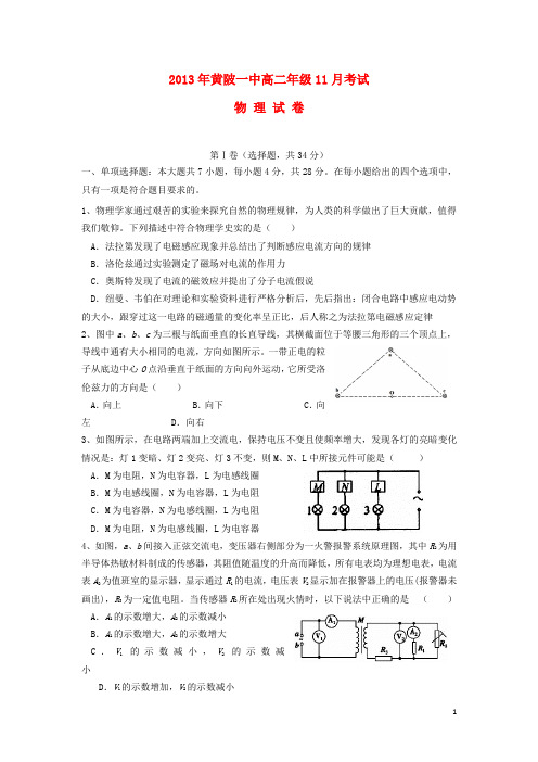 湖北省黄陂一中高二物理11月月考试题(无答案)新人教版