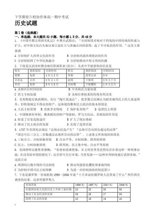 辽宁省六校协作体高一下册第二学期期中考试历史试卷word版有答案【精编】.doc