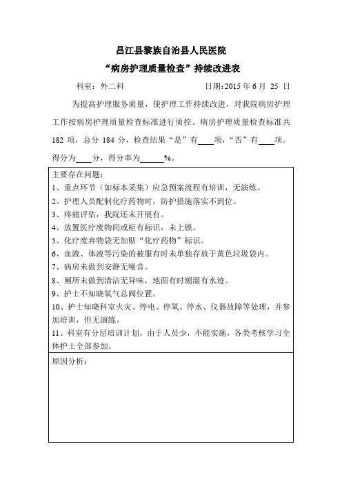 “病房护理质量检查”持续改进表