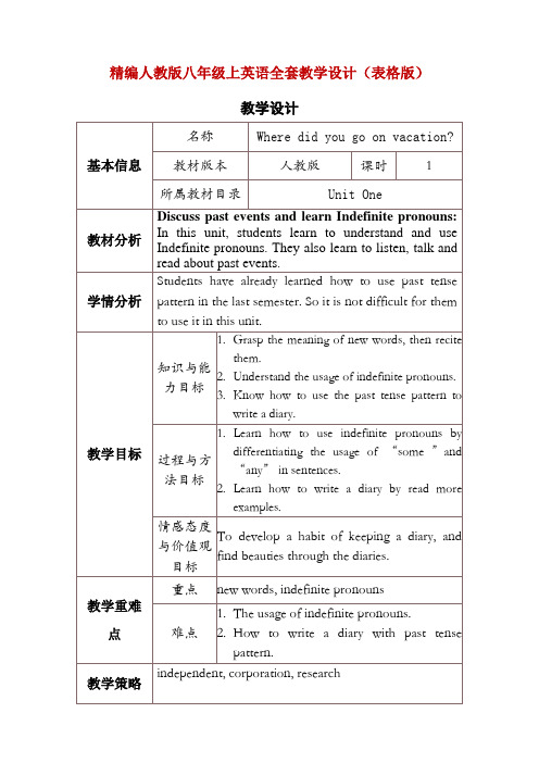 精编人教版八年级上英语全套教学设计(表格版)