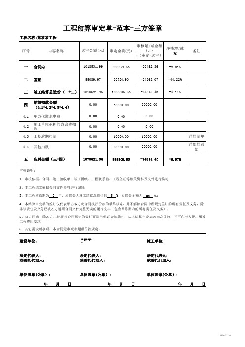 工程结算审定单-范本-三方签章