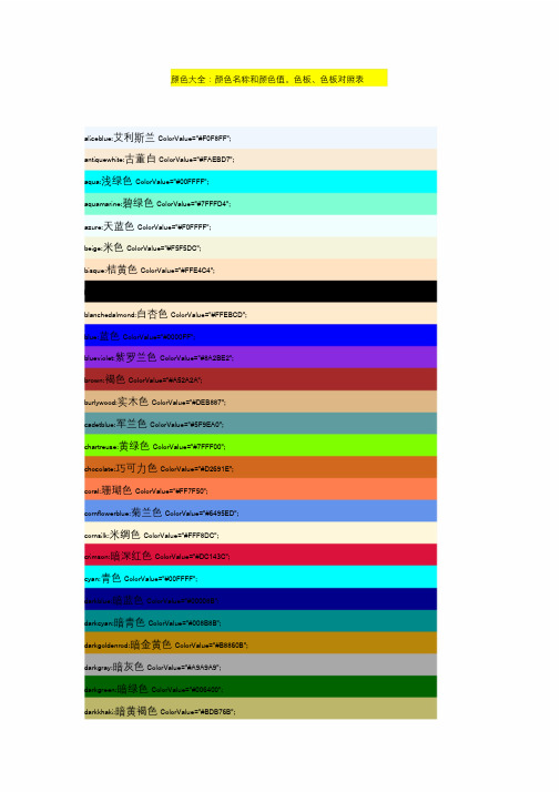 颜色大全：颜色名称和颜色值。色板、色板对照表