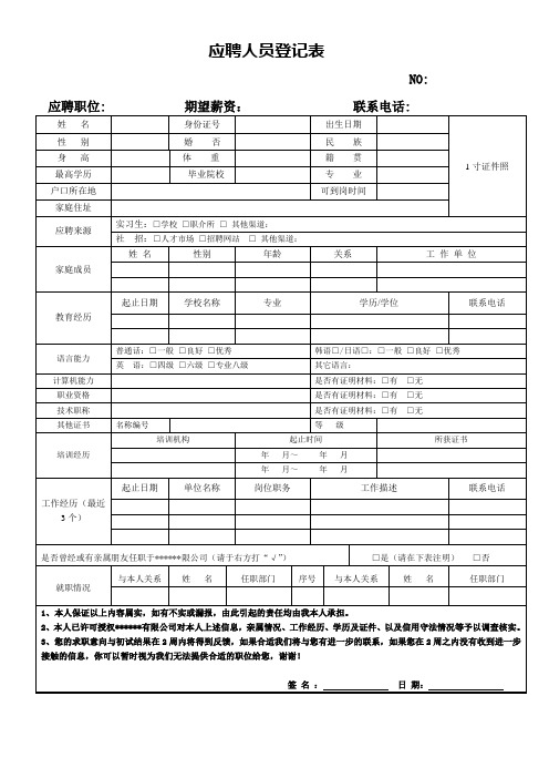 应聘人员登记表模板通用(汇总)