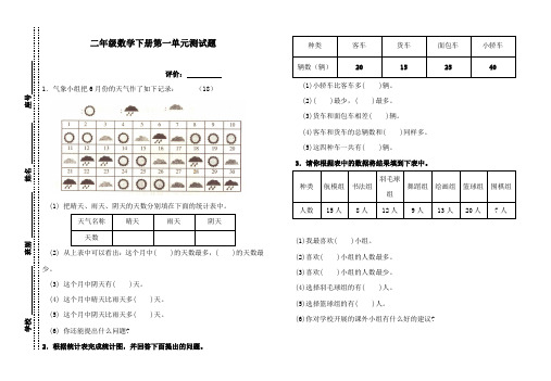 二年级数学1-8单元测试题