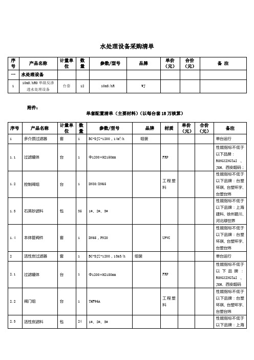 水处理设备采购清单