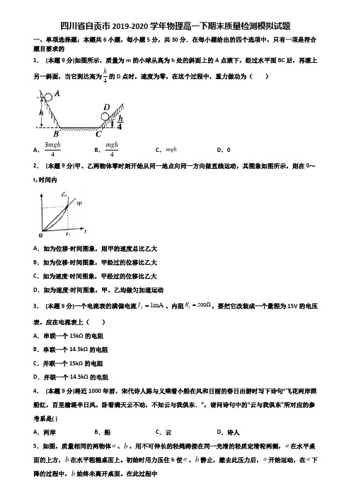 四川省自贡市2019-2020学年物理高一下期末质量检测模拟试题含解析