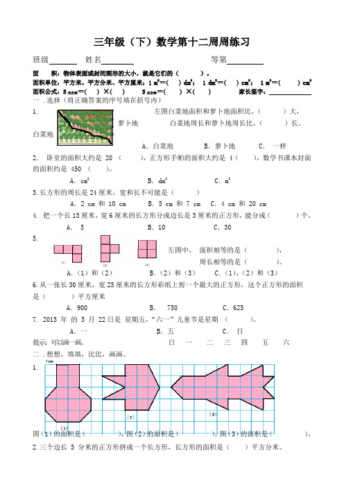 三年级下册数学试题 第十二周数学作业 苏教版