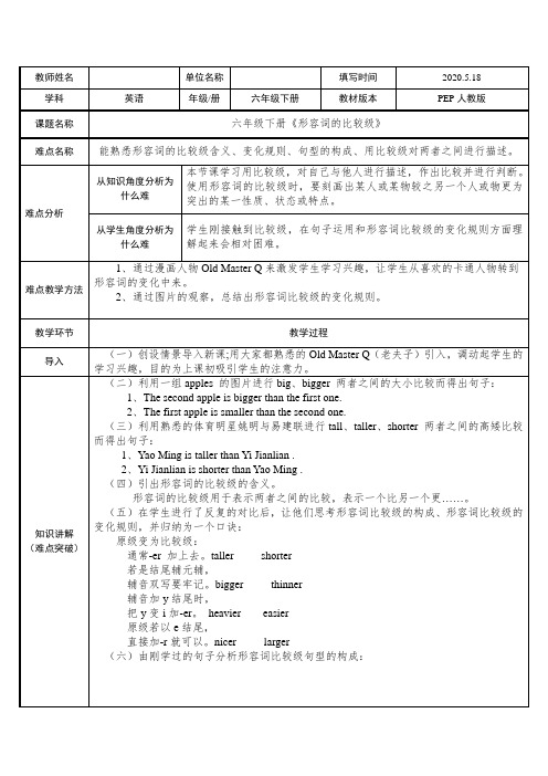 六年级下册英语专题讲解教案-《形容词的比较级》人教PEP版