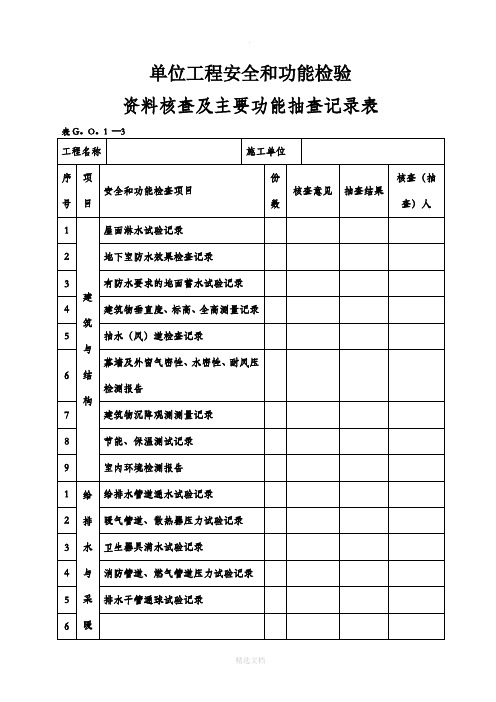 单位工程安全和功能检验资料核查及主要功能抽查记录表