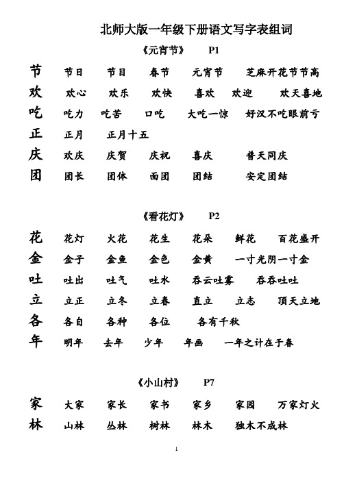 北师大版一年级下册语文写字表组词、成语(一、二单元)