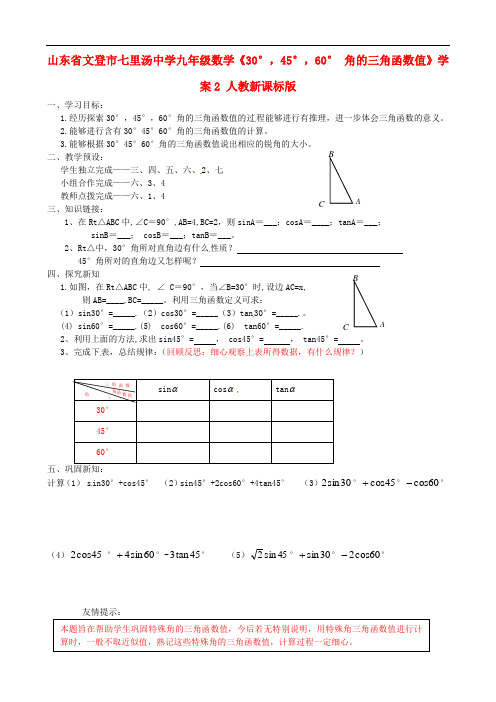 山东省文登市七里汤中学九年级数学《30°,45°,60° 