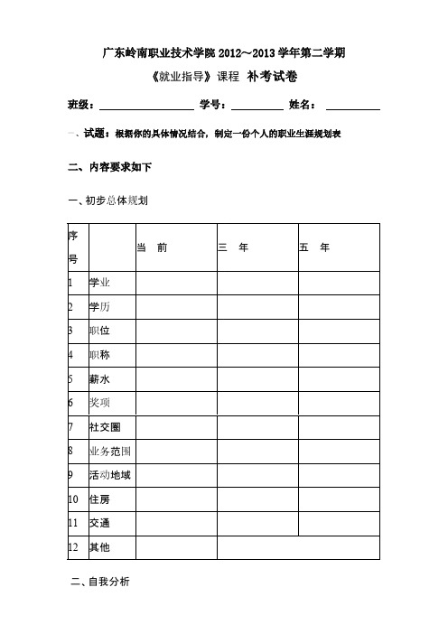 大学生职业生涯规划补考试卷