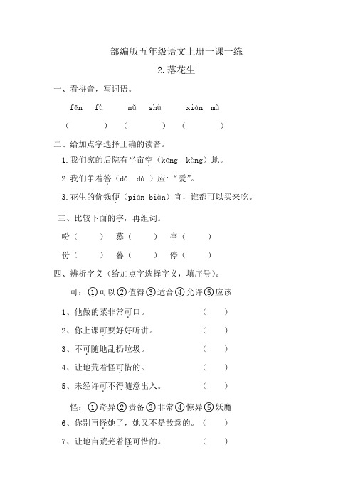 人教部编版五年级语文上册第2课《落花生 》同步练习题  含答案