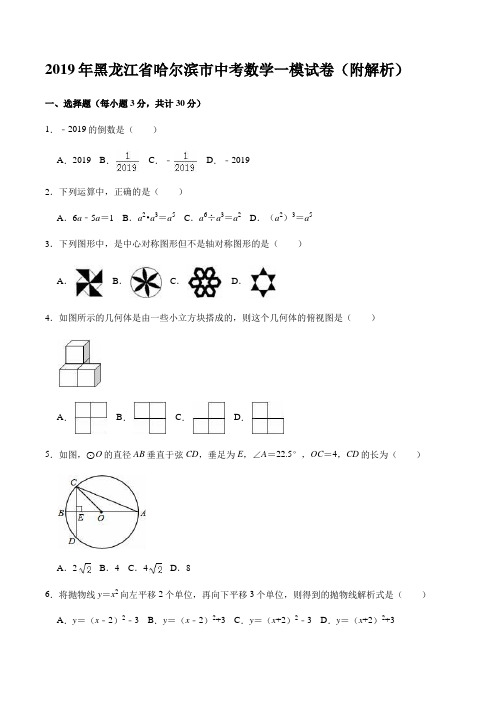 2019年黑龙江省哈尔滨市中考数学一模试卷(附解析)