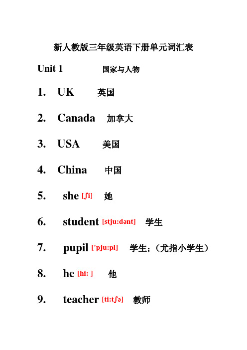 新人教版三年级英语下册单元词汇表