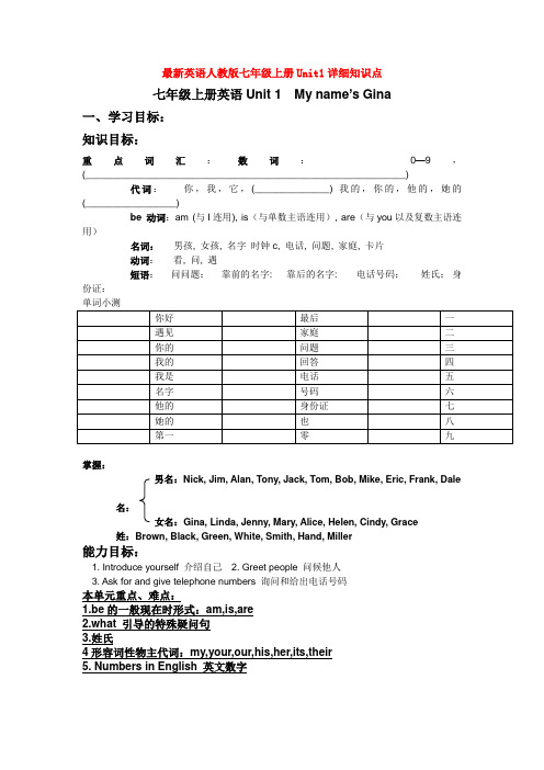 最新英语人教版七年级上册Unit1详细知识点