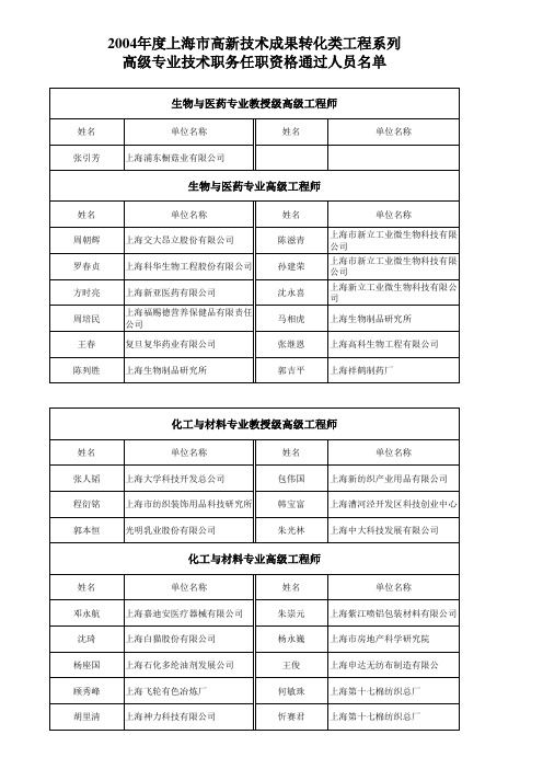 2004 高工 高级专业技术职务任职资格通过人员名单