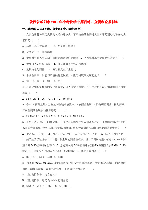 陕西省咸阳市2016年中考化学专题训练金属和金属材料含解