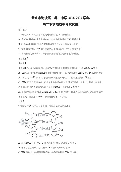 【生物】北京市海淀区一零一中学2018-2019学年高二下学期期中考试试题(解析版)