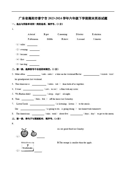 广东省揭阳市普宁市六年级下学期期末英语试题(含答案,无听力原文,无音频)