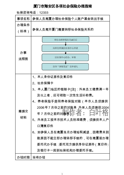 厦门社会保险各新新项业务办理指南办事须知