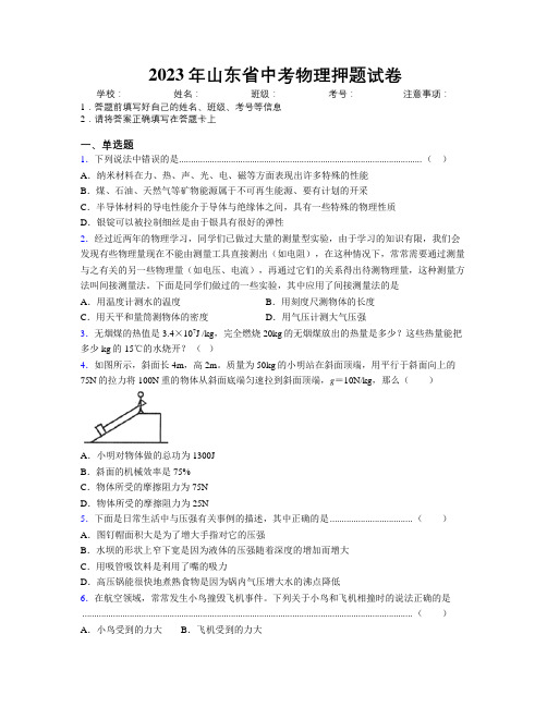 2023年山东省中考物理押题试卷附解析