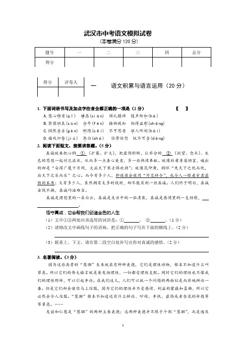 武汉市中考语文模拟试卷(修改完善版-附答案及评分说明)