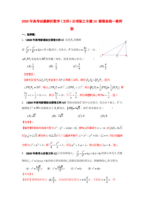 2020年高考数学 试题解析分项版之专题10 圆锥曲线--教师版 文