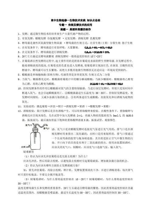 高中生物选修一专题一 传统发酵技术的应用 知识点总结