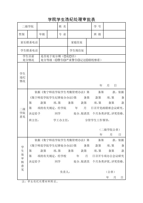 学院学生违纪处理审批表