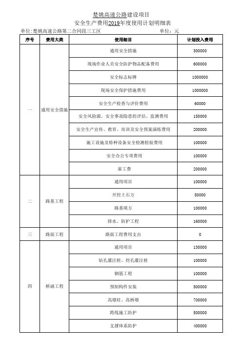 三工区安全生产费用2019年度使用计划明细表