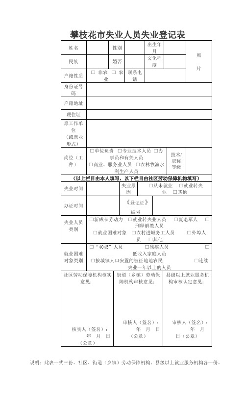 攀枝花失业人员失业登记表