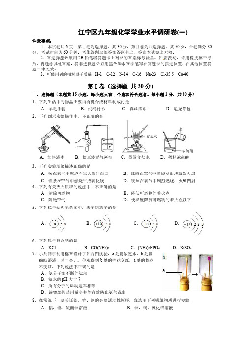 2016年南京市江宁区化学一模试卷及答案